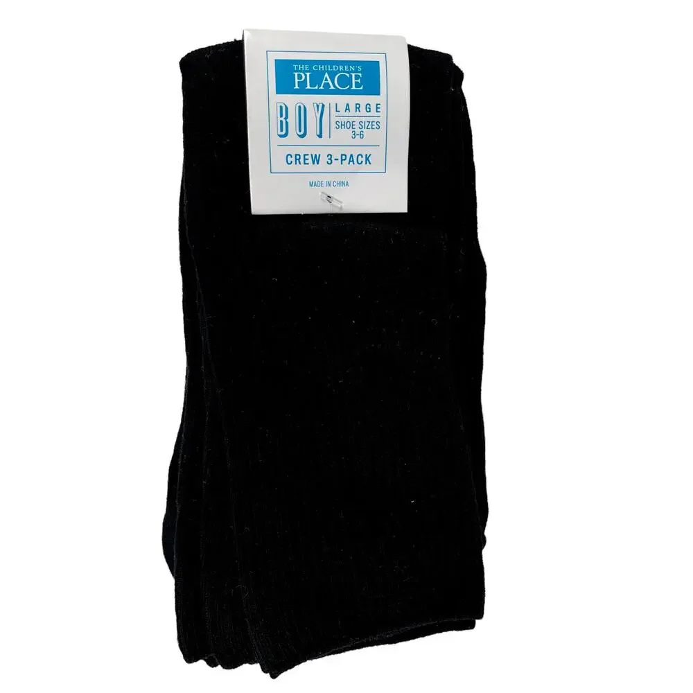 The Children’s Place Boy Crew Socks 3-Pack Black Large Shoe Sizes 3 to 6